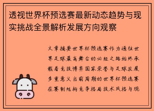 透视世界杯预选赛最新动态趋势与现实挑战全景解析发展方向观察
