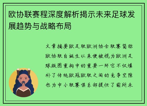 欧协联赛程深度解析揭示未来足球发展趋势与战略布局